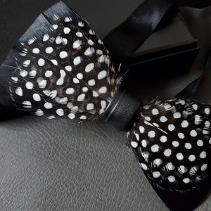 Black White Natural Feather leather Bowtie Bow Tie
